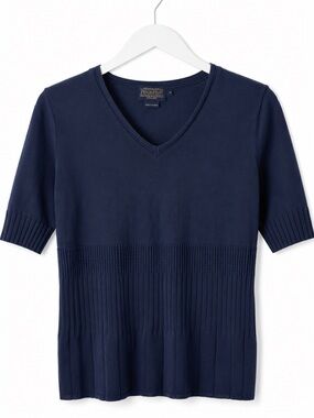 Pendleton Navy V-Neck Short Sleeve Knit Top silk cotton blend